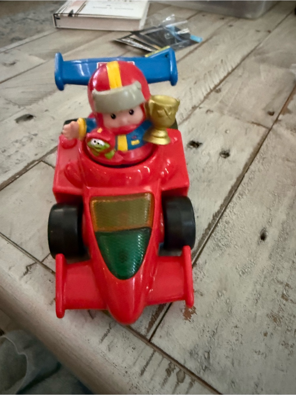 Fisher-Price Red Race Car with Blue Wing and Gold Trophy